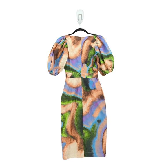 Rotate Women 0 Cara Dress Dusty Orange Watercolor Cutout Puff Sleeve Cotton Midi - Picture 8 of 9